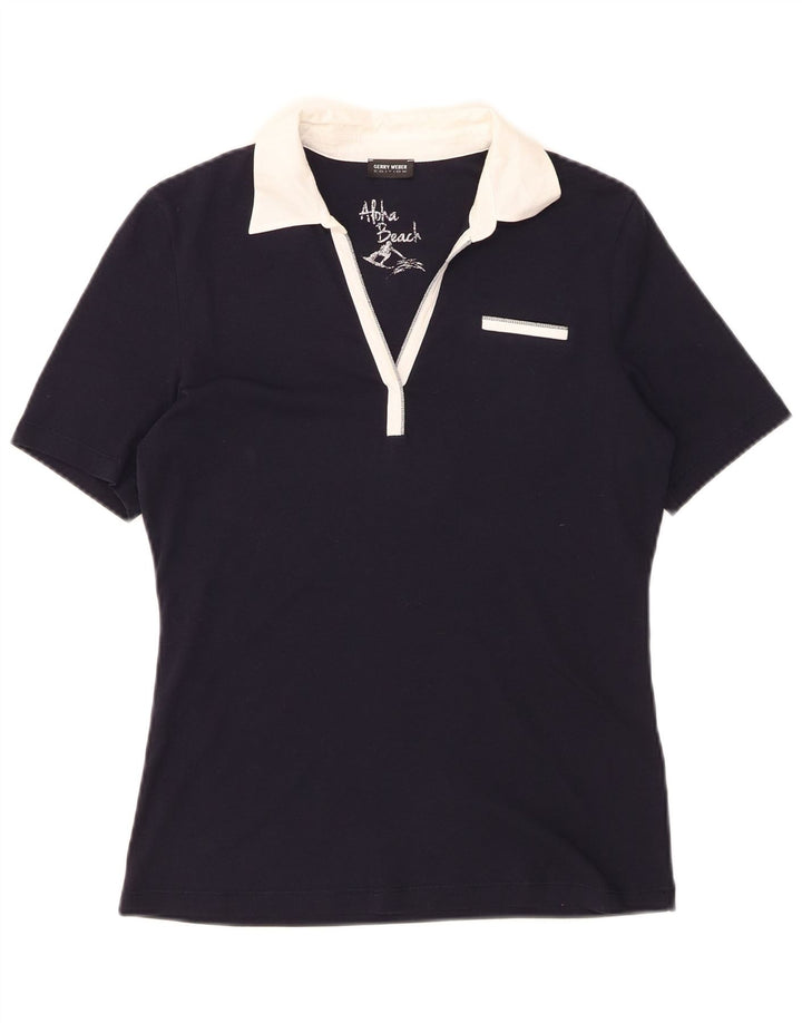 GERRY WEBER Womens Polo Shirt UK 14 Medium Navy Blue Colourblock