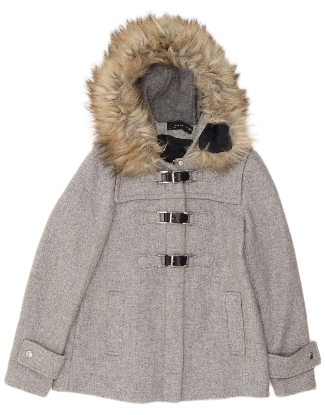 Zara Dame Hætte Oversized Duffle Jacket UK 6 XS Grå Uld
