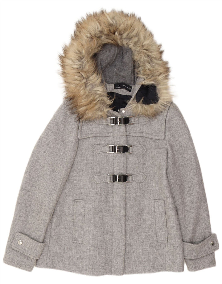 Zara Dame Hætte Oversized Duffle Jacket UK 6 XS Grå Uld