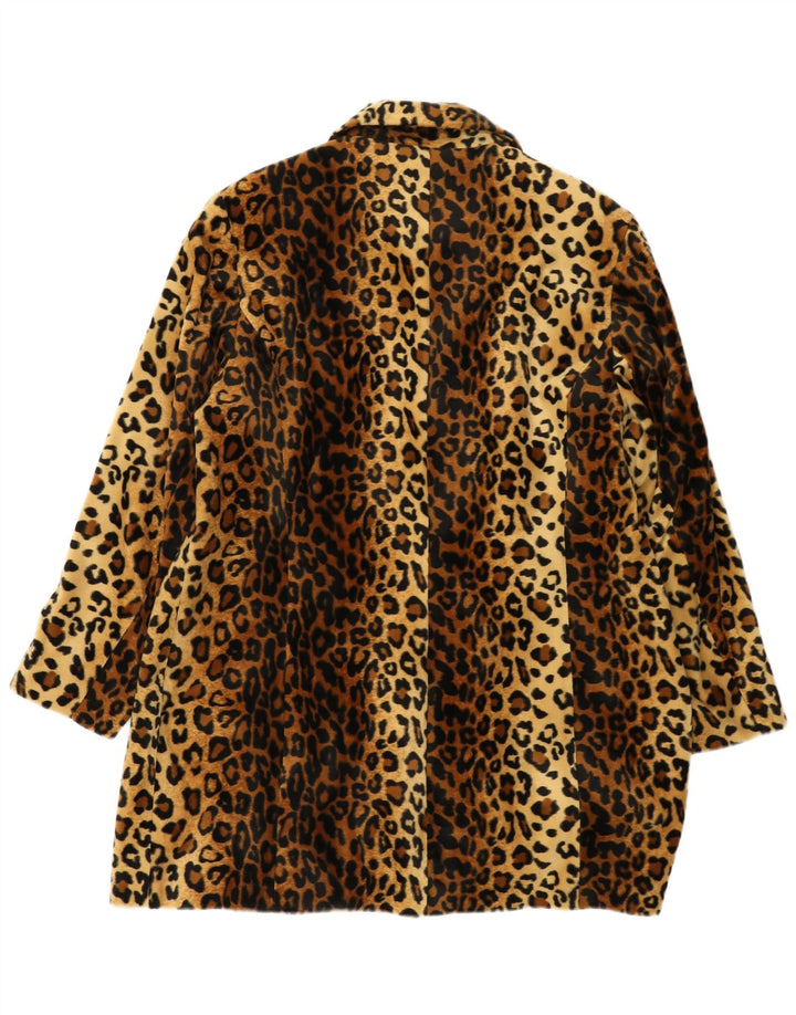 ICHI Dame imiteret Pels Overfrakke UK 16 Large Brown Animal Print Polyester