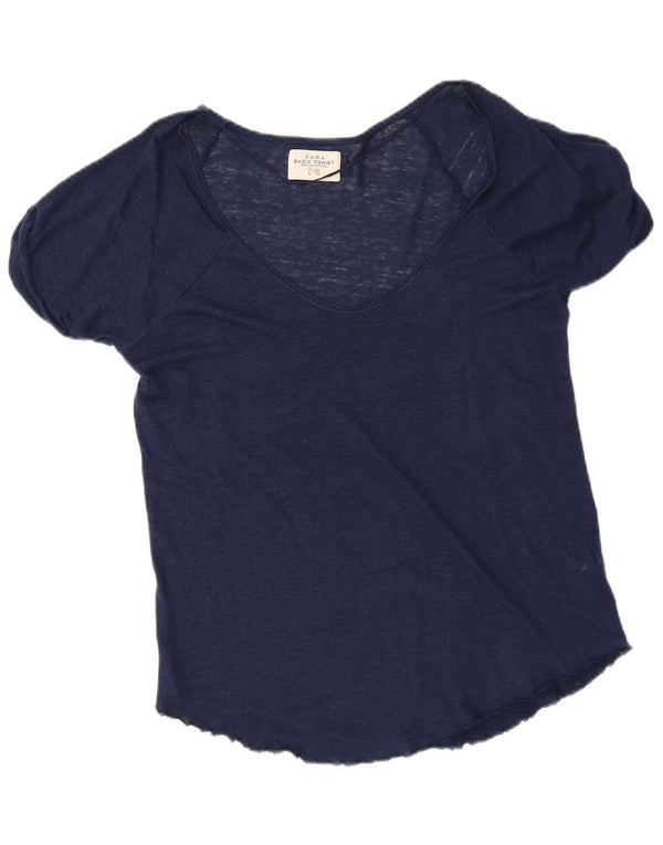 Zara Dame T-Shirt Top UK 16 Large Navy Blue Linen