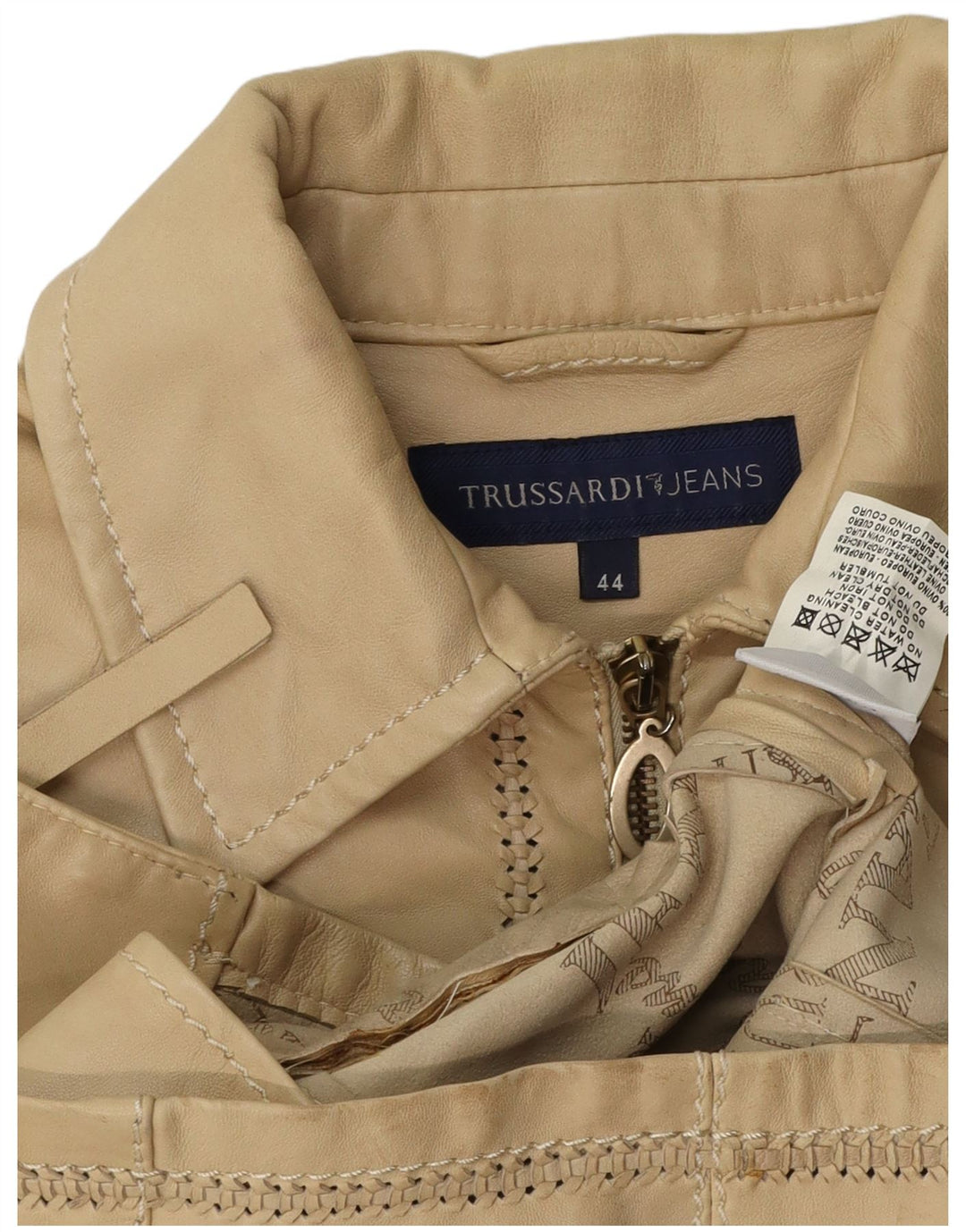 TRUSSARDI JEANS Dame Crop Læderjakke IT 44 Medium Beige Læder