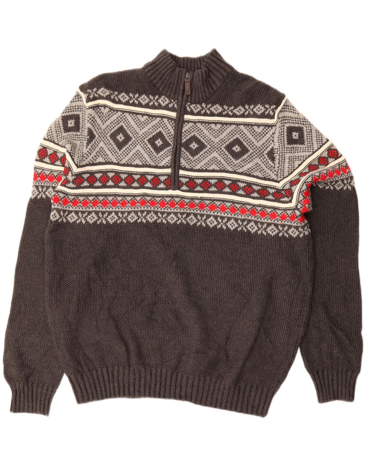 IZOD Herre Zip Neck trøje Sweater Large Grey Fair Isle Bomuld