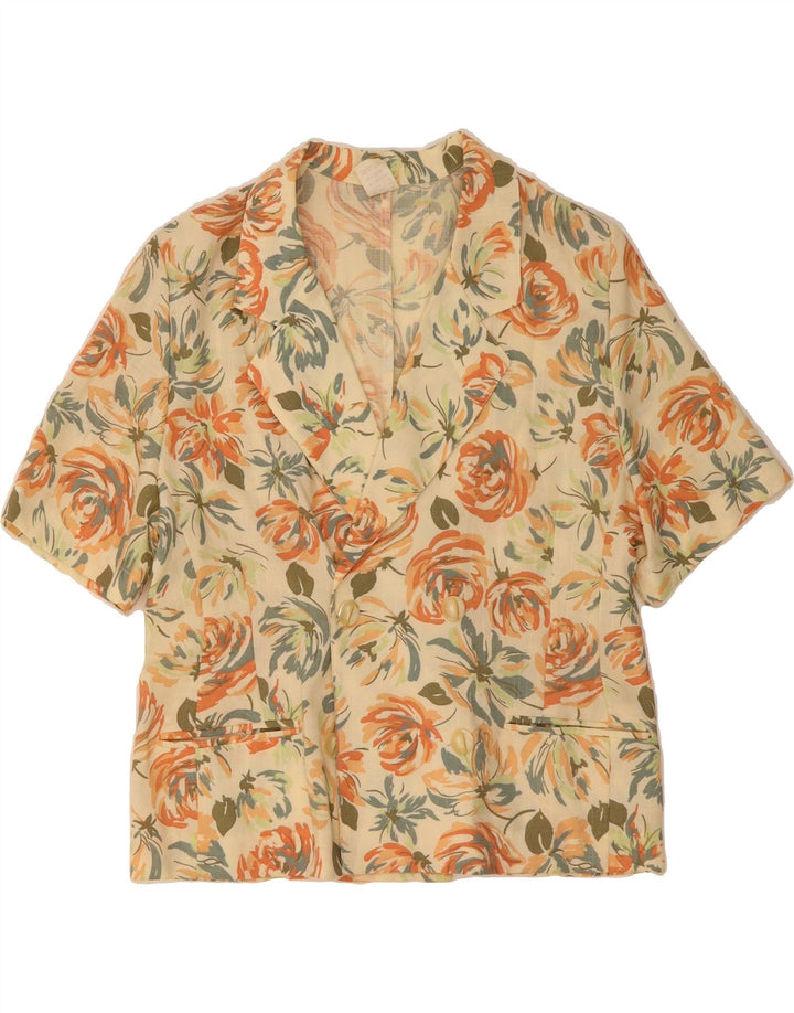 VINTAGE Womens Short Sleeve Blazer Jacket IT 46 Large Beige Floral Vintage Vintage and Second-Hand Vintage from Messina Hembry 