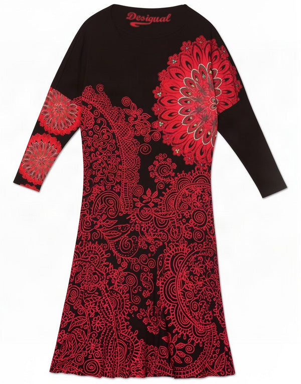 Desigual Womens Long Sleeve A-Line Dress UK 14 Medium Black Floral Viscose