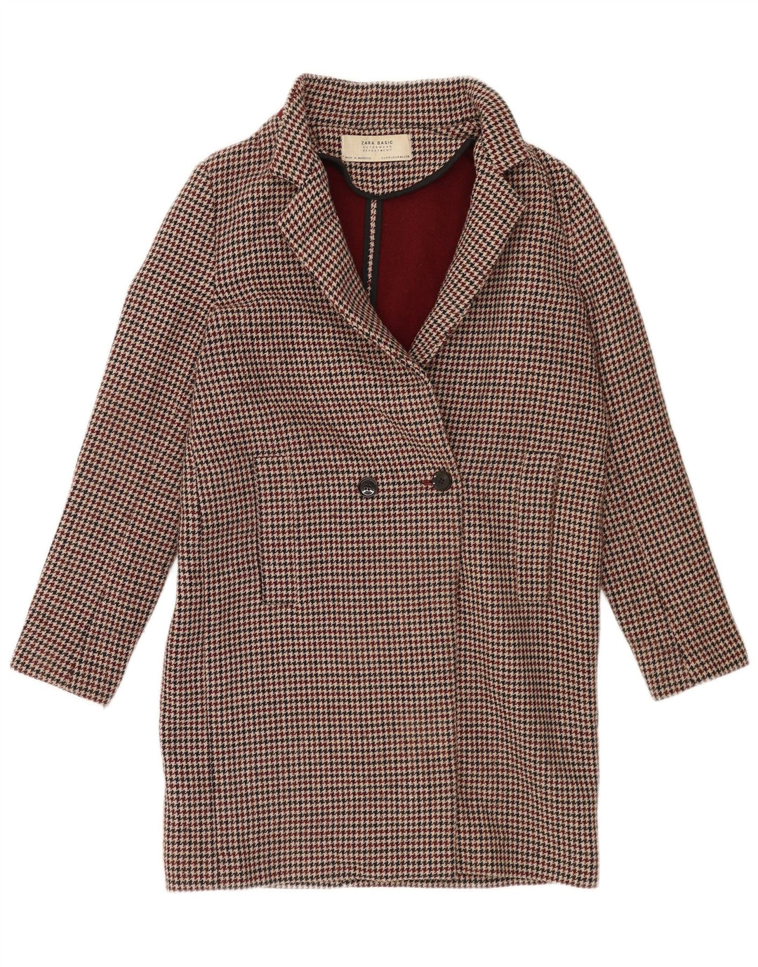 Zara Dame Oversized Dobbeltradet Frakke UK 10 Small Burgundy Houndstooth