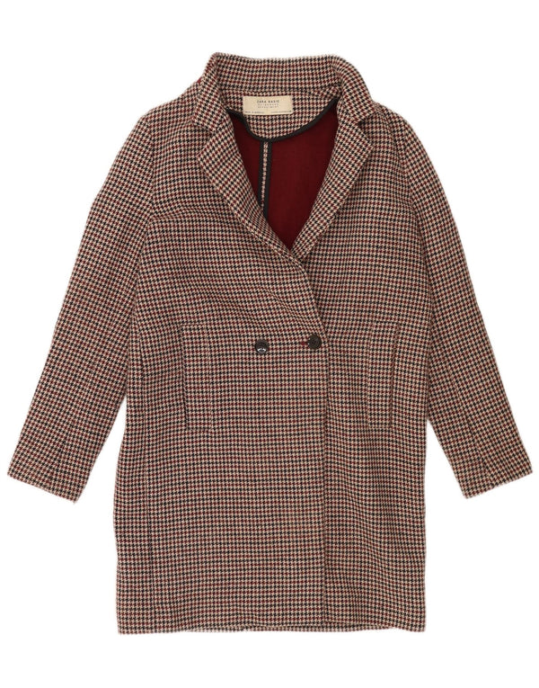 Zara Dame Oversized Dobbeltradet Frakke UK 10 Small Burgundy Houndstooth