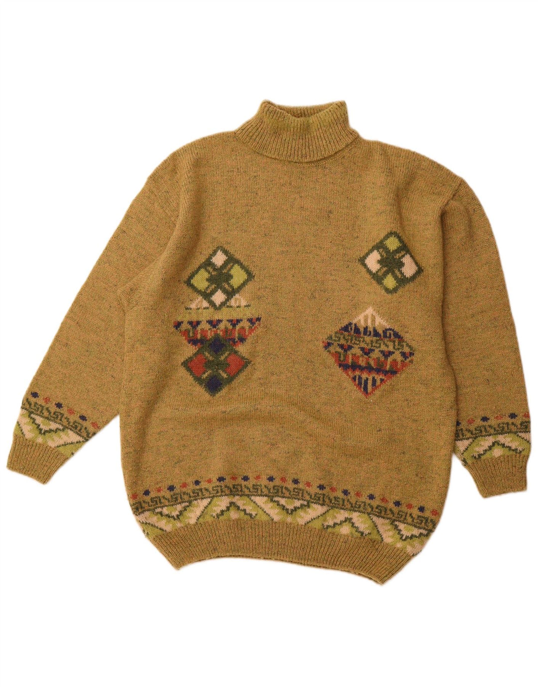 VINTAGE Herre Roll Neck Jumper Sweater IT 52 Large Khaki Argyle/Diamond