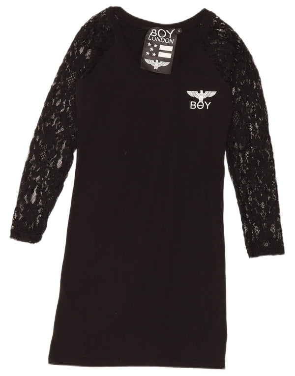 Dreng London Dame Langærmet Blonde T-Shirt Kjole UK 6 XS Sort Blomster