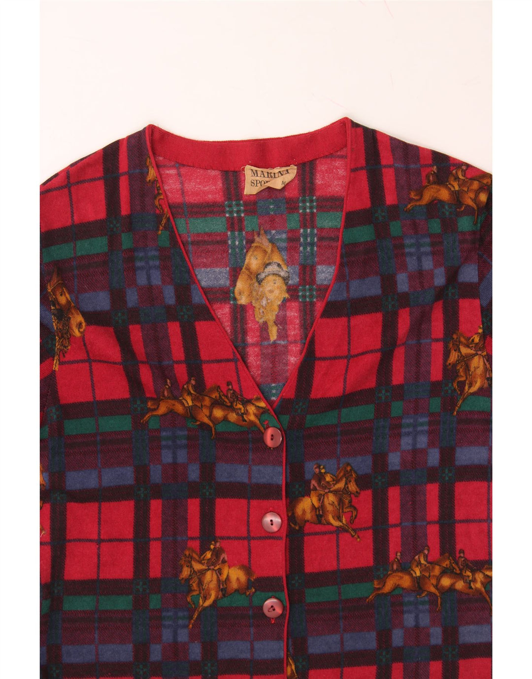 MARINA SPORT Womens Graphic Cardigan Sweater UK 14 Medium Red Check Vintage Marina Sport and Second-Hand Marina Sport from Messina Hembry 