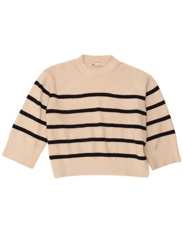 Zara dametrøje med 3/4 ærmer trøje med rund hals UK 18 XL Off White Stribet