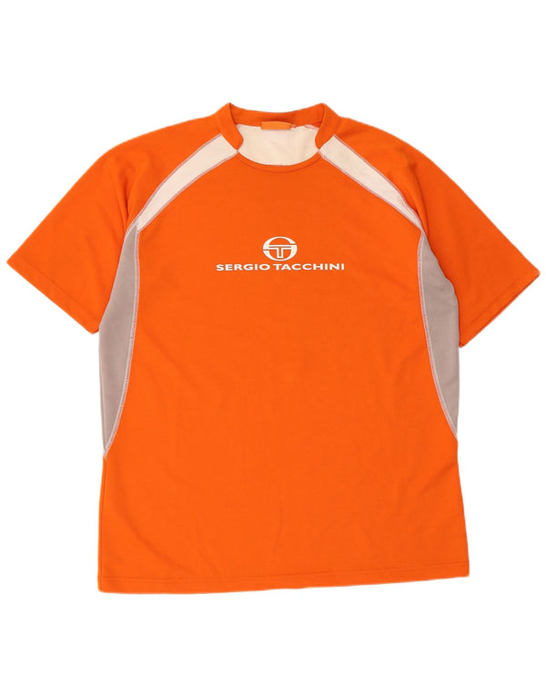 Sergio Tacchini Herre grafisk T-shirt Top XL Orange Colourblock Polyester