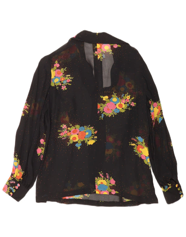 Vintage Dame se Gennem Langærmet Bluse Top UK 14 Medium Black Floral
