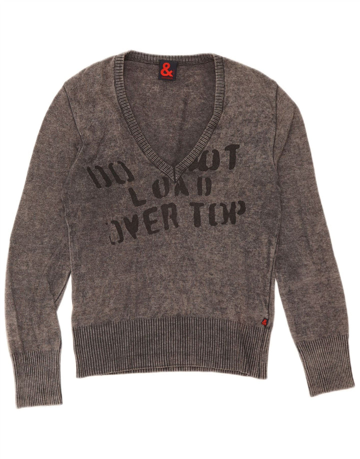 Dolce & Gabbana Dame Grafisk V-hals sweater IT 44 Medium Grey Uld