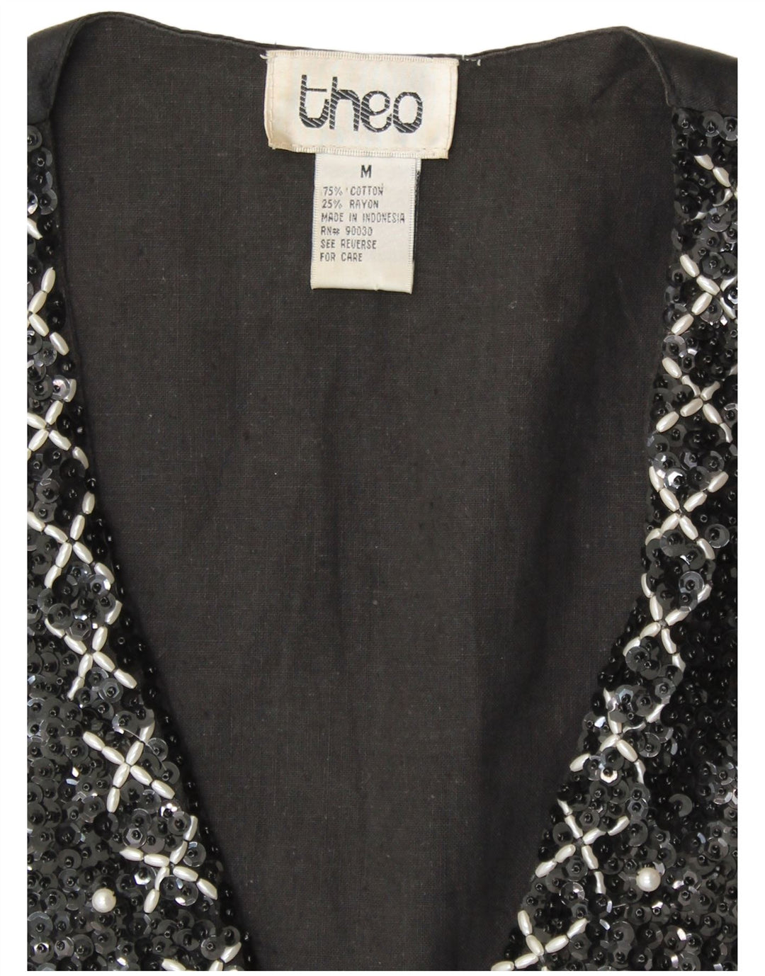 VINTAGE Dame Pailletvest UK 14 Medium Sort Bomuld 80'erne