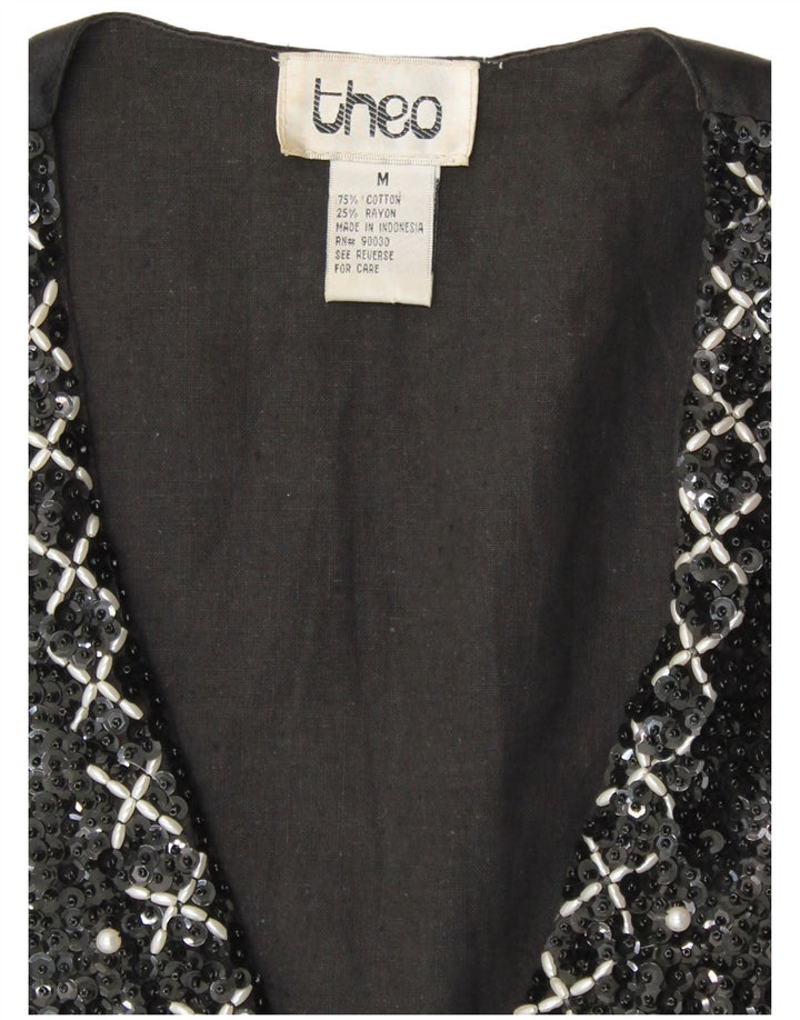 VINTAGE Dame Pailletvest UK 14 Medium Sort Bomuld 80'erne