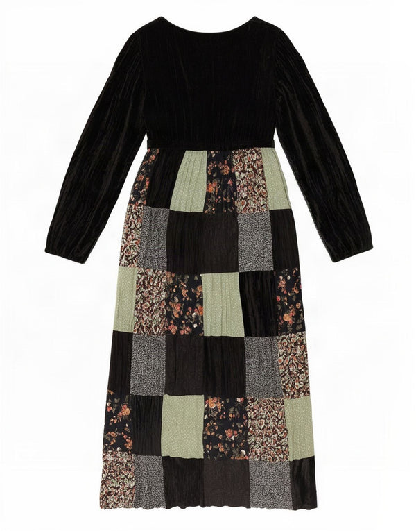 Onyx Dame Langærmet Velour Maxi Kjole One Size Sort Patchwork Viscose