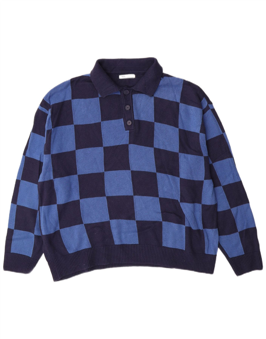 ZARA Herre polo-hals sweater stor blå ternet bomuld