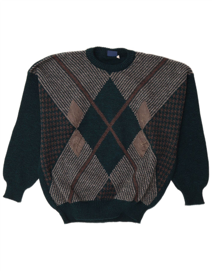 Vintage herre sweater med rund hals XL Grøn Argyle/Diamond Wool