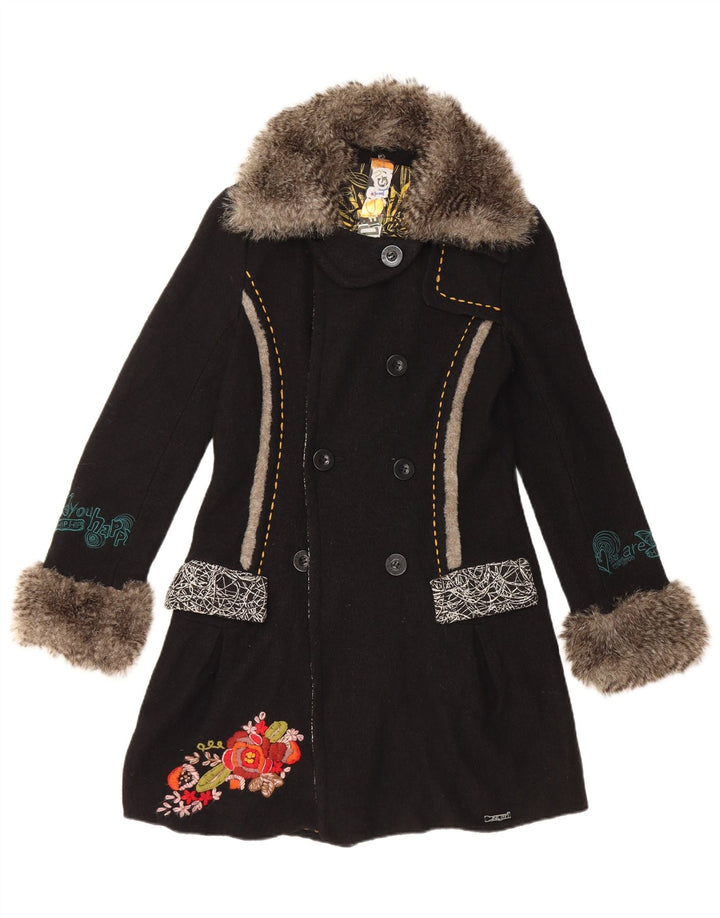 Desigual Dame grafisk dobbeltradet frakke EU 36 Small Black Floral Wool