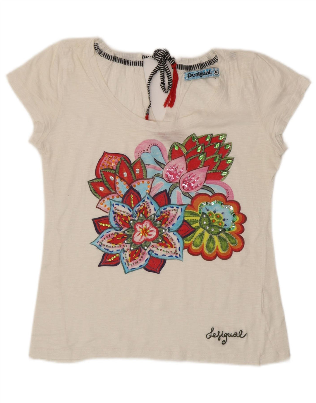 DESIGUAL Grafisk T-shirt top til kvinder UK 12 Medium White Floral