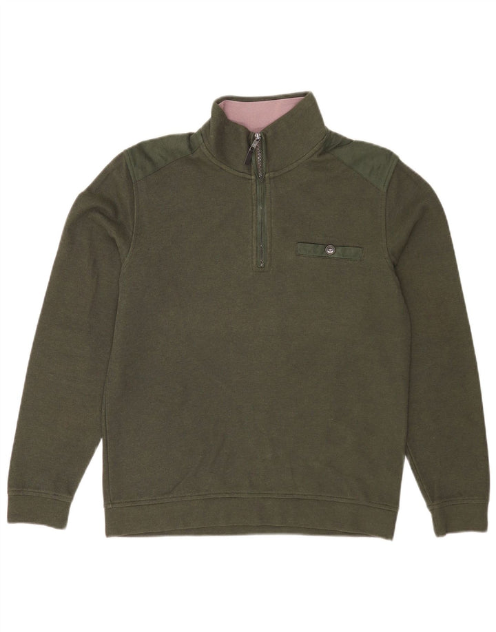 Ted Baker Herre Zip Neck Sweatshirt Jumper Størrelse 2 Lille Khaki Bomuld