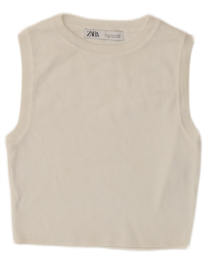 Zara Dame Ærmeløs Crop Top UK 12 Medium White Viscose