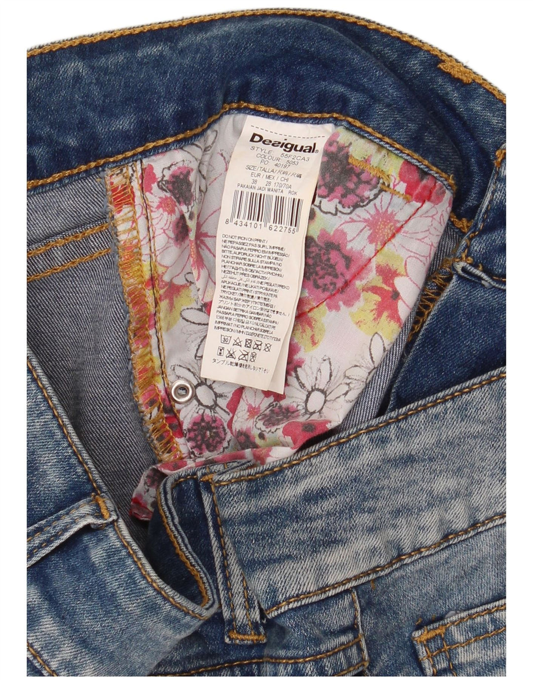Desigual Dame Denim Nederdel EU 38 Medium W30 Blue Floral Polyester