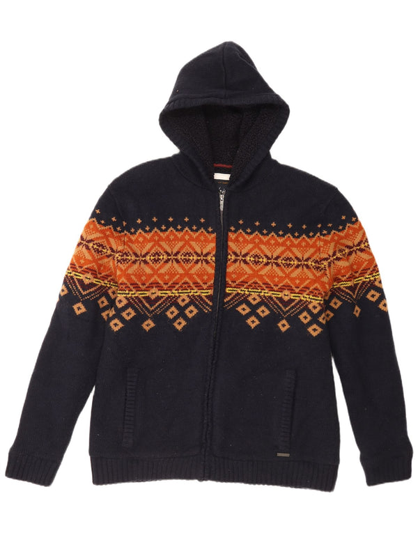Weird Fish Herre hætte cardigan sweater Medium Navy Blue Fair Isle Akryl
