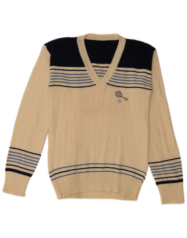 Vintage Dame V-hals sweater UK 8 Small Off White Stribet