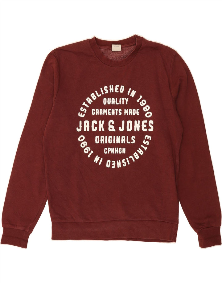 JACK & JONES Mens Graphic Sweatshirt Jumper Small Burgundy Cotton Vintage Jack & Jones and Second-Hand Jack & Jones from Messina Hembry 