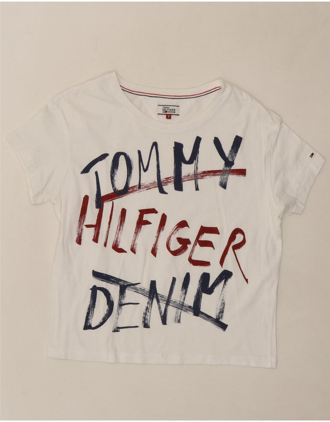 TOMMY HILFIGER Womens Graphic T-Shirt Top UK 10 Small White Vintage Tommy Hilfiger and Second-Hand Tommy Hilfiger from Messina Hembry 