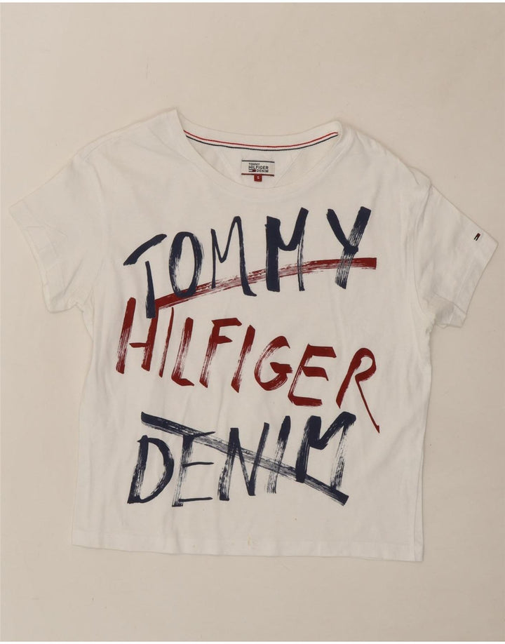 TOMMY HILFIGER Womens Graphic T-Shirt Top UK 10 Small White Vintage Tommy Hilfiger and Second-Hand Tommy Hilfiger from Messina Hembry 