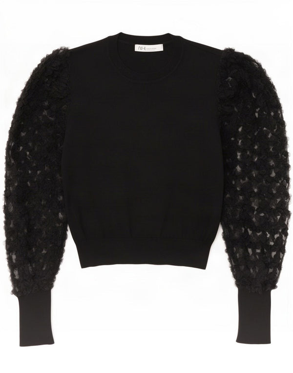Zara Womens Crop Top Langærmet UK 12 Medium Black Floral Viscose