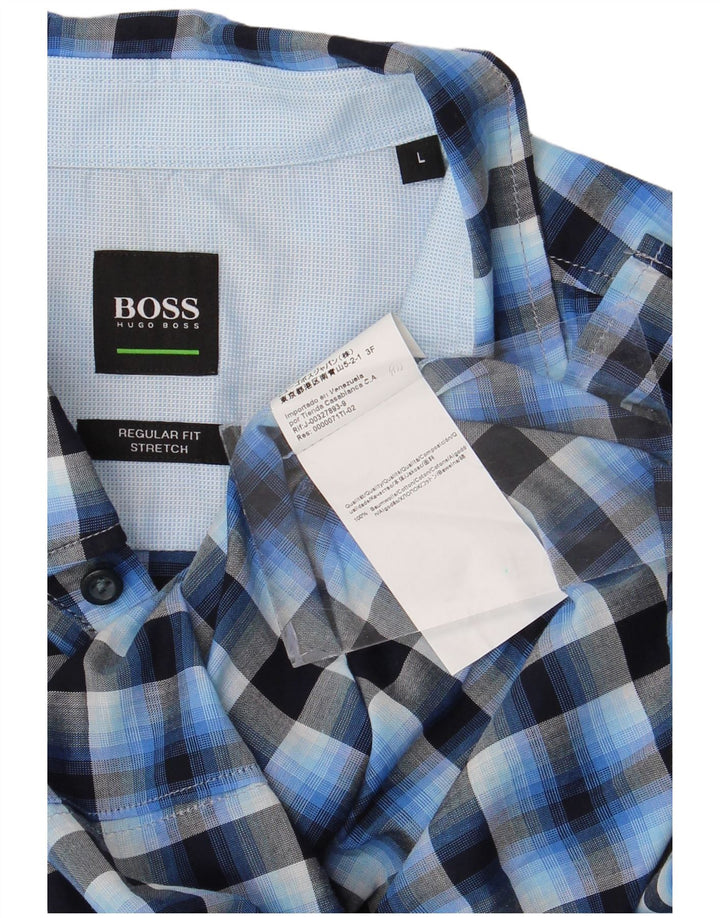 Hugo Boss Herre Stretch Regular Fit Skjorte Stor blå ternet bomuld