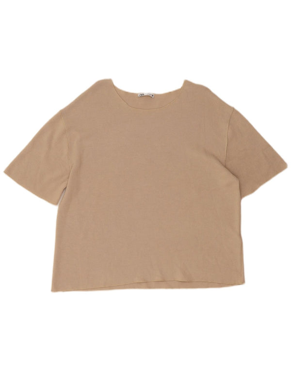 Zara Dame Kortærmet Rundhals Jumper Sweater UK 16 Stor Beige
