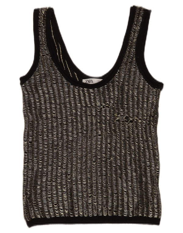 Zara Womens Crop Vest Top UK 12 Medium Sort Stribet Viscose