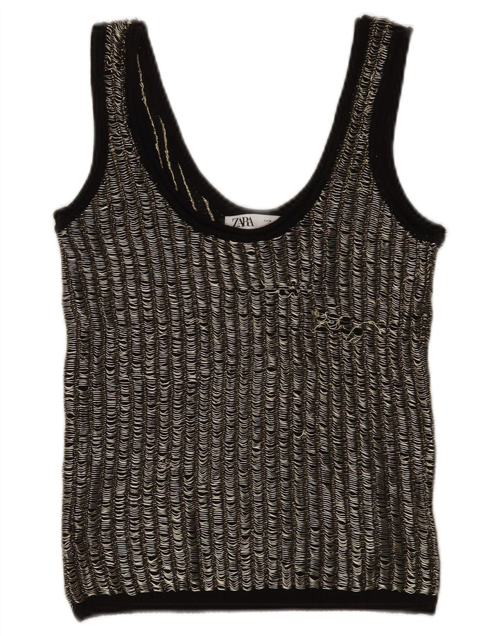 Zara Womens Crop Vest Top UK 12 Medium Sort Stribet Viscose