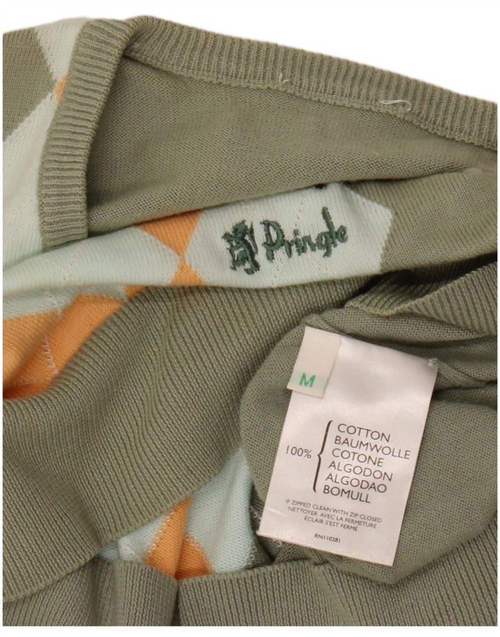 PRINGLE Dame V-hals sweater UK 14 Medium Khaki Argyle/Diamond