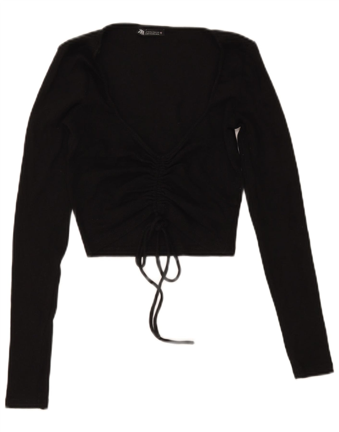 Zara Womens Crop Front Tie Top Langærmet UK 12 Medium Black Bomuld