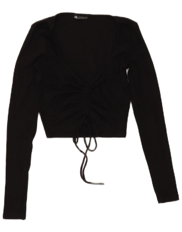 Zara Womens Crop Front Tie Top Langærmet UK 12 Medium Black Bomuld