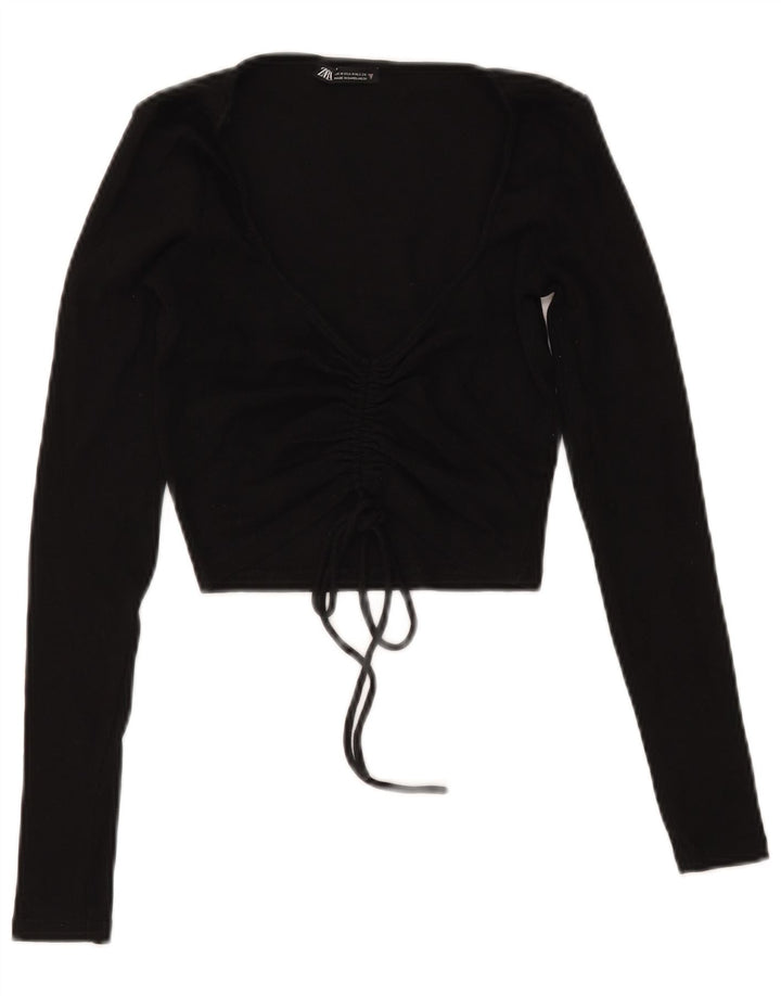 Zara Womens Crop Front Tie Top Langærmet UK 12 Medium Black Bomuld