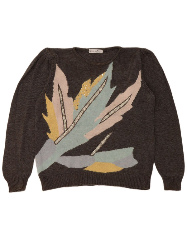 Vintage dame sweater med rund hals i overstørrelse EU 40 mellemgrå blomster