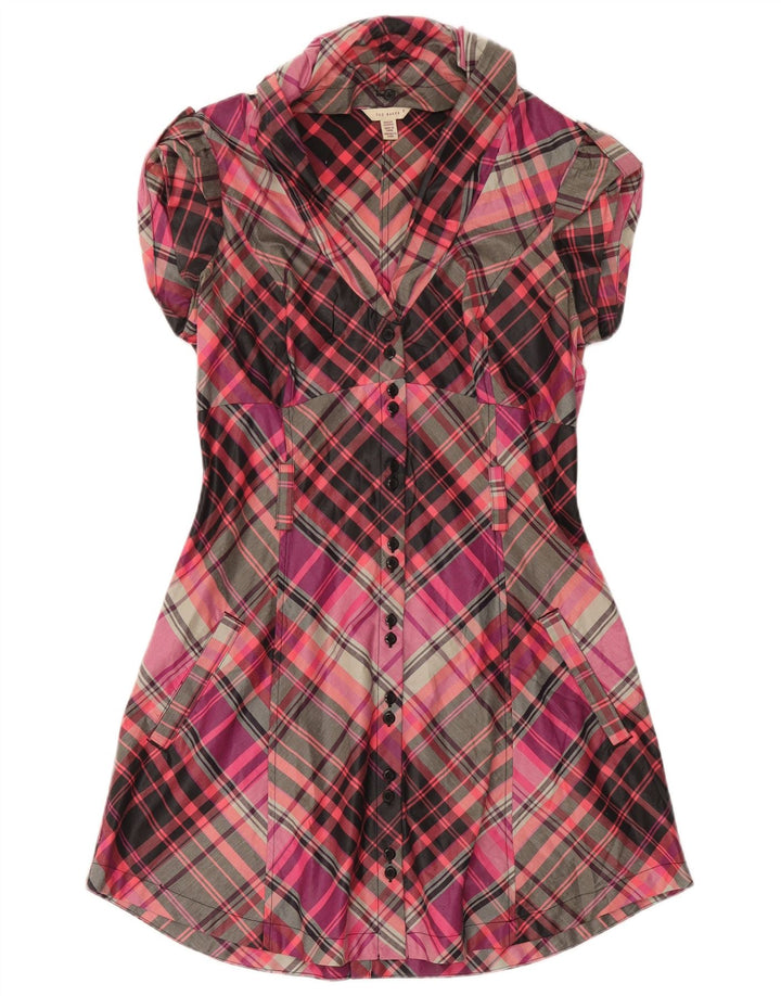Ted Baker Kvinders Kortærmede Skjortekjole Størrelse 3 Medium Pink Ternet Bomuld