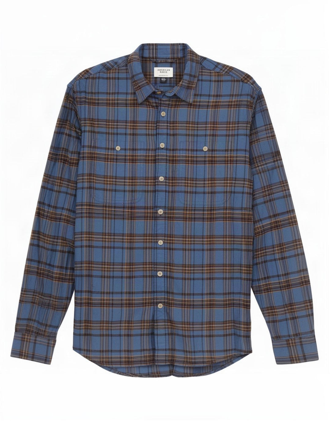 American Eagle Herre Relaxed Fit Flanell Shirt Stor Blå Plaid Bomuld