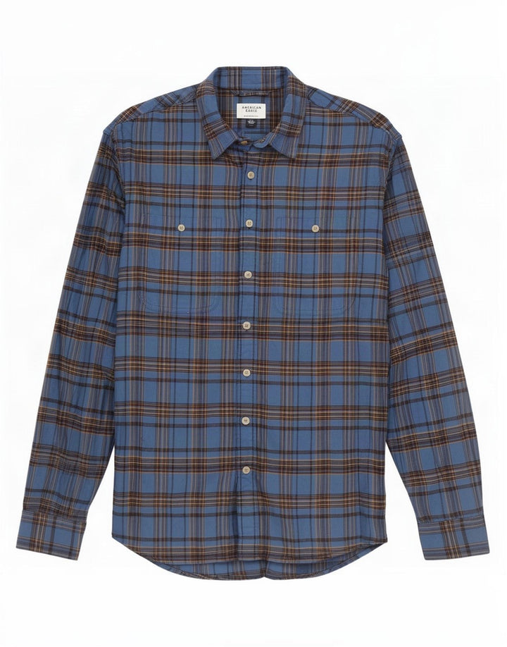 American Eagle Herre Relaxed Fit Flanell Shirt Stor Blå Plaid Bomuld