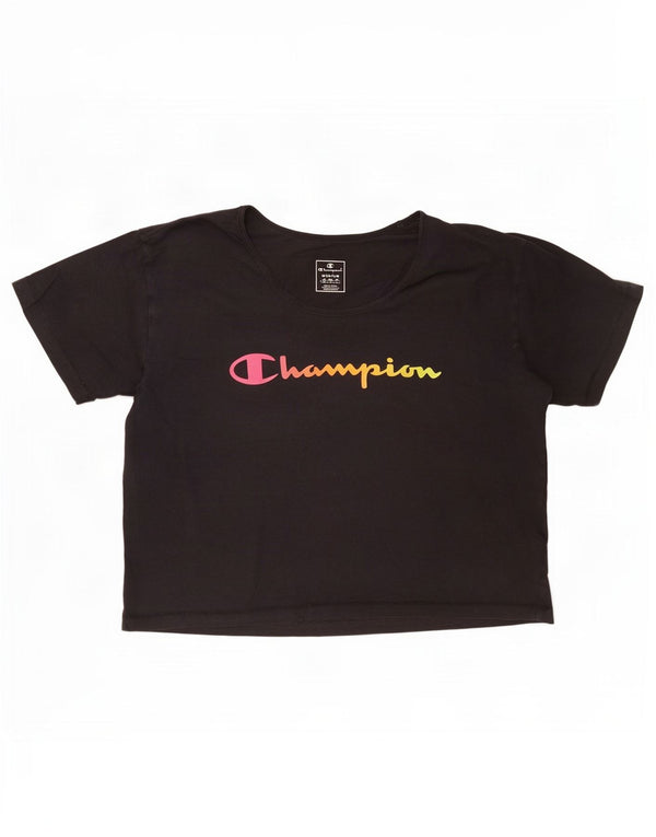 Champion Womens Crop Grafisk T-Shirt Top UK 14 Medium Sort