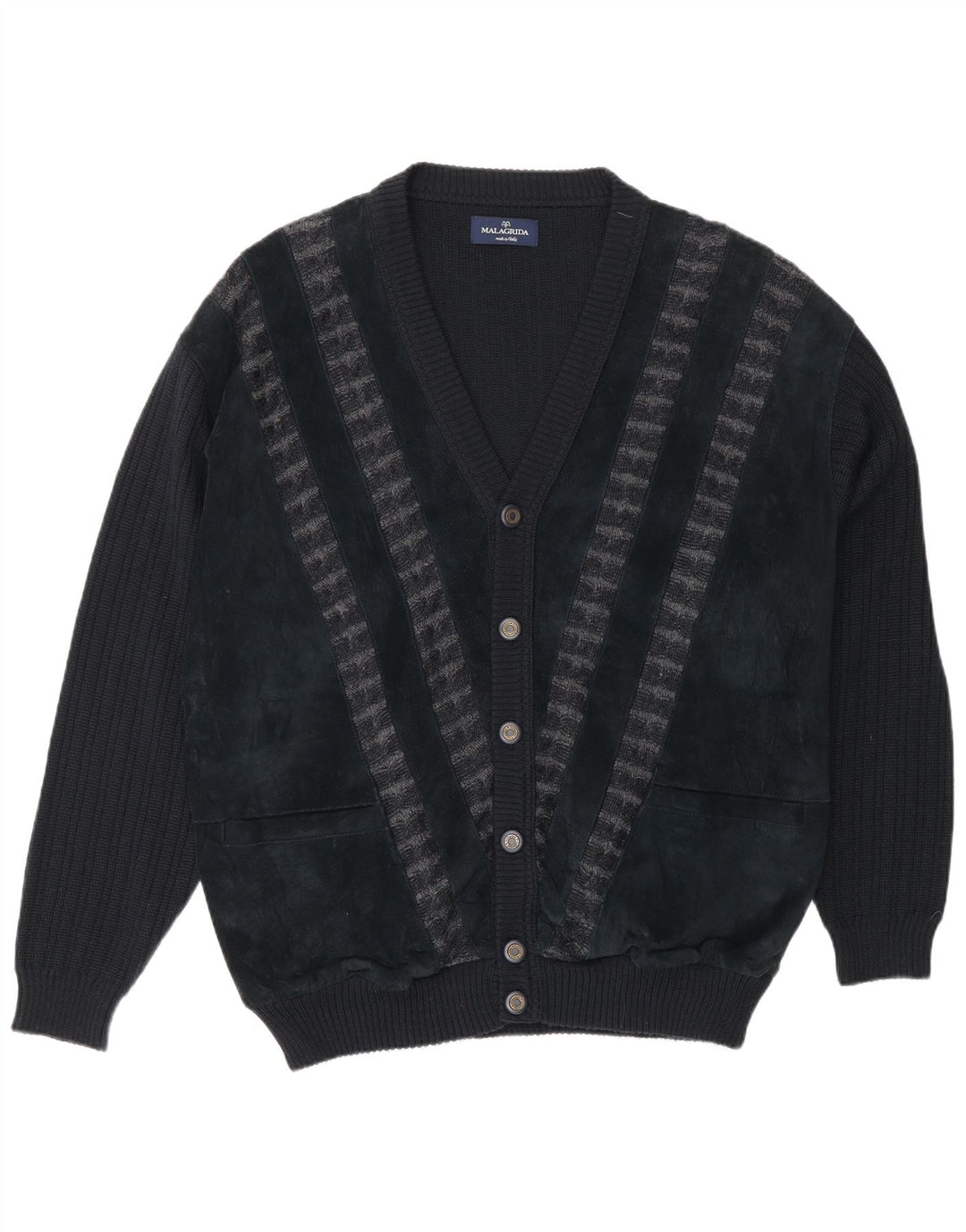 Malagrida Herre Cardigan Sweater XL Sort Stribet Uld
