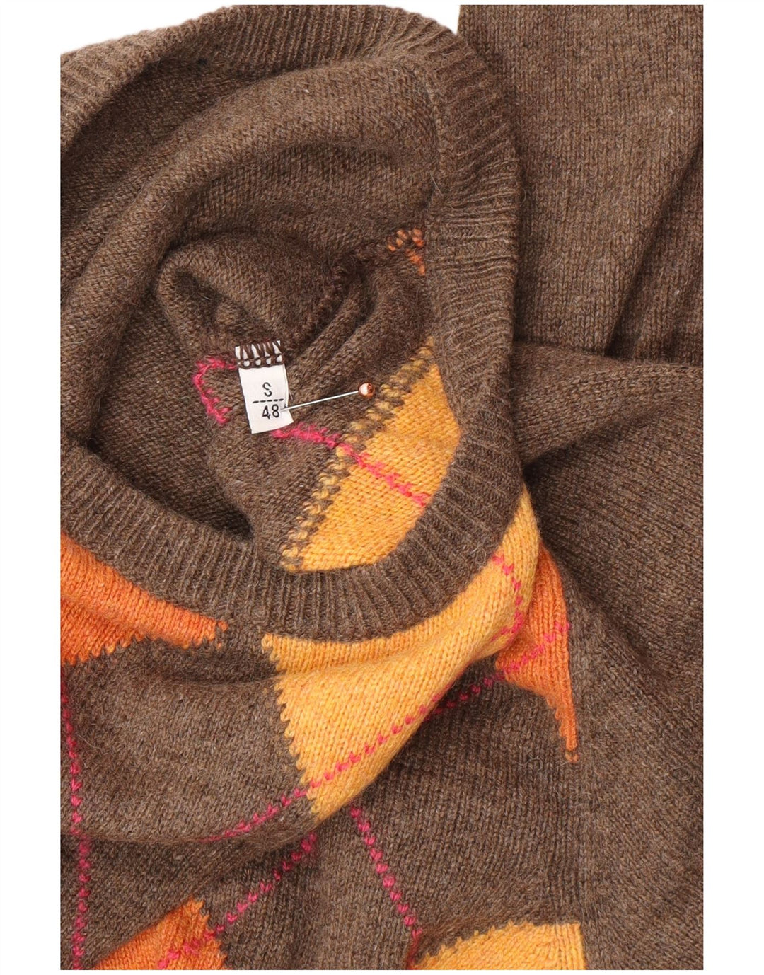 VINTAGE Herre Crew Neck Jumper Sweater IT 48 Small Brown Argyle/Diamond