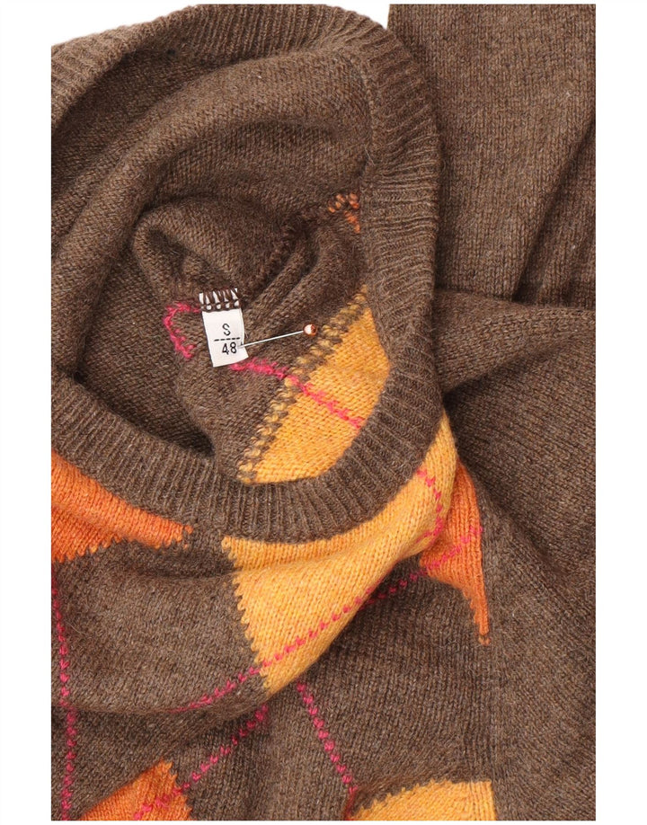 VINTAGE Herre Crew Neck Jumper Sweater IT 48 Small Brown Argyle/Diamond